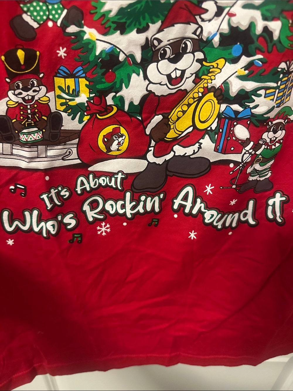Red Holiday Graphic Tee — Festive Tree Rocking Design - Picture 3 of 9
